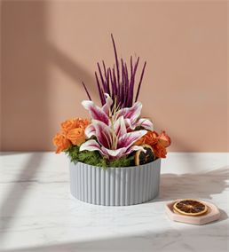 Gri Polimer Saksıda Pembe Lilyum ve Turuncu Güller